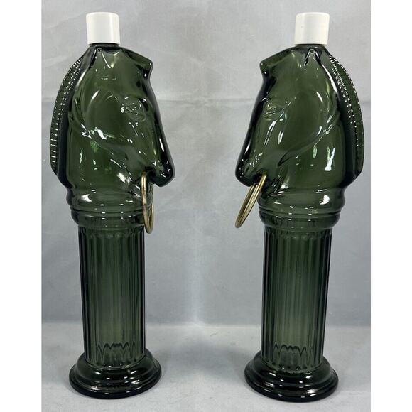 AVON Pony Post Decanter, Leather After Shave Lotion Glass Bottle, Green Lot Of 2 - Picture 1 of 13